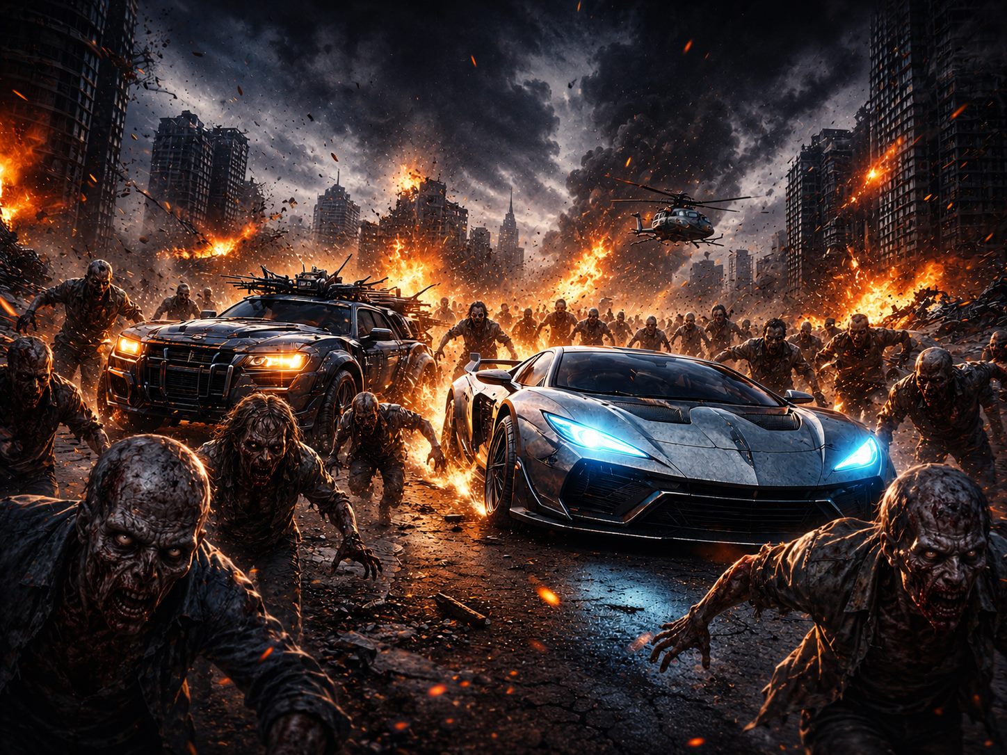 Zombies swarming cars in a burning city
